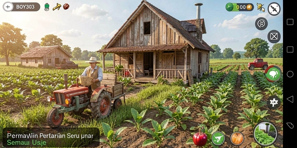 Screenshot gameplay BOY303 yang menunjukkan kebun yang subur dan berwarna-warni.