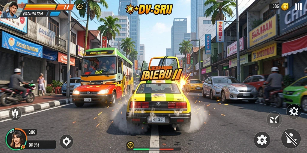 Tampilan gameplay seru D06 saat balapan di jalanan.
