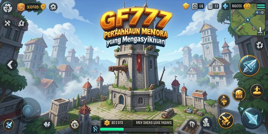 Gameplay GF777 menunjukkan aksi menara bertahan di medan tempur yang dinamis.