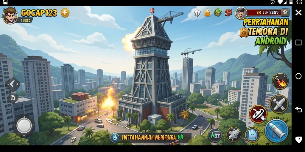 Screenshot gameplay GOCAP123 menampilkan menara yang beraksi melawan musuh.