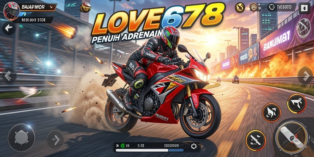 Screenshot utama LOVE678 menunjukkan aksi balapan motor yang mendebarkan.
