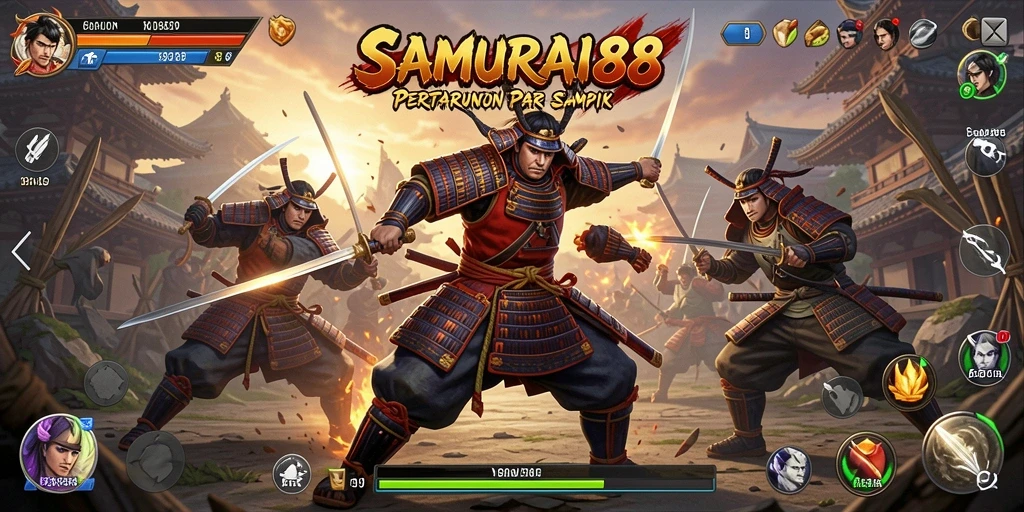 Tampilan gameplay mendebarkan dari SAMURAI88 saat para samurai bertarung.