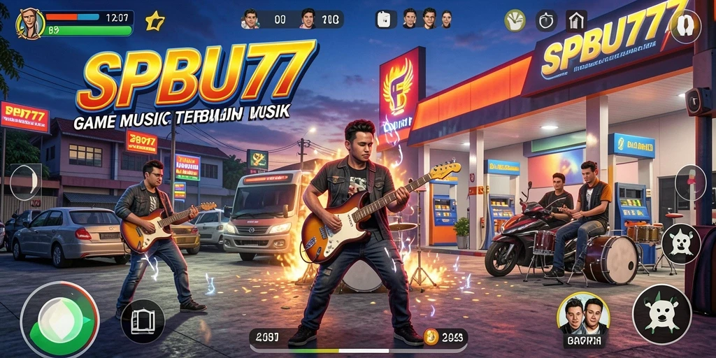 Screenshot utama SPBU77 menampilkan pemain yang berinteraksi dengan musik.