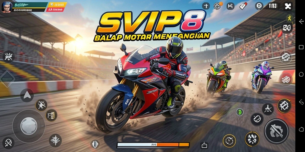 Screenshot gameplay SVIP8 yang menampilkan balapan motor yang seru.