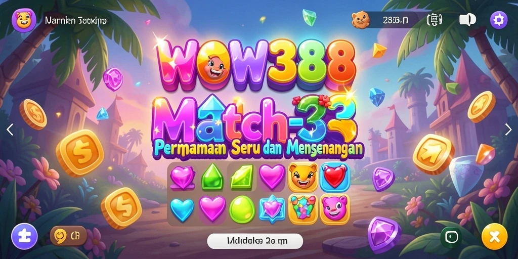 Tampilan gameplay WOW388 dengan grafik ceria dan interaksi Match-3.
